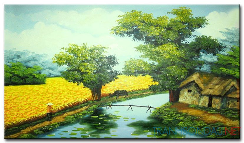 Tranh sơn dầu Bức Họa Đồng Quê M318 - Tranh vẽ quê hương Việt Nam