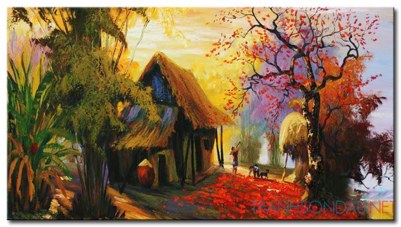 Tranh sơn dầu Chiều Làng Quê M338 - Tranh vẽ đồng quê Việt Nam đẹp