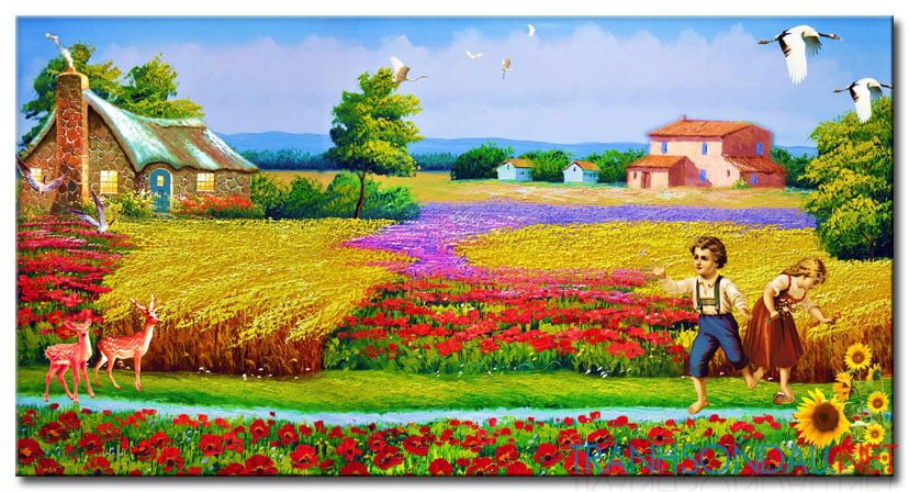 Tranh sơn dầu Cánh Đồng Hoa Khoe Sắc M1075 - Tranh Phong Cảnh đẹp