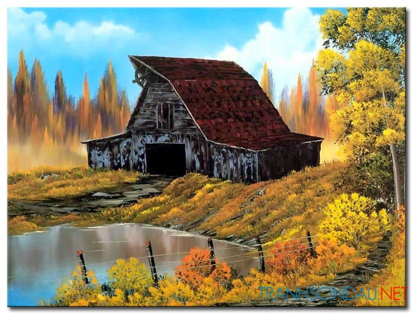 Tranh vẽ Ngôi Nhà Tranh Bên Hồ Nước M1121 - Tranh Phong Cảnh đẹp